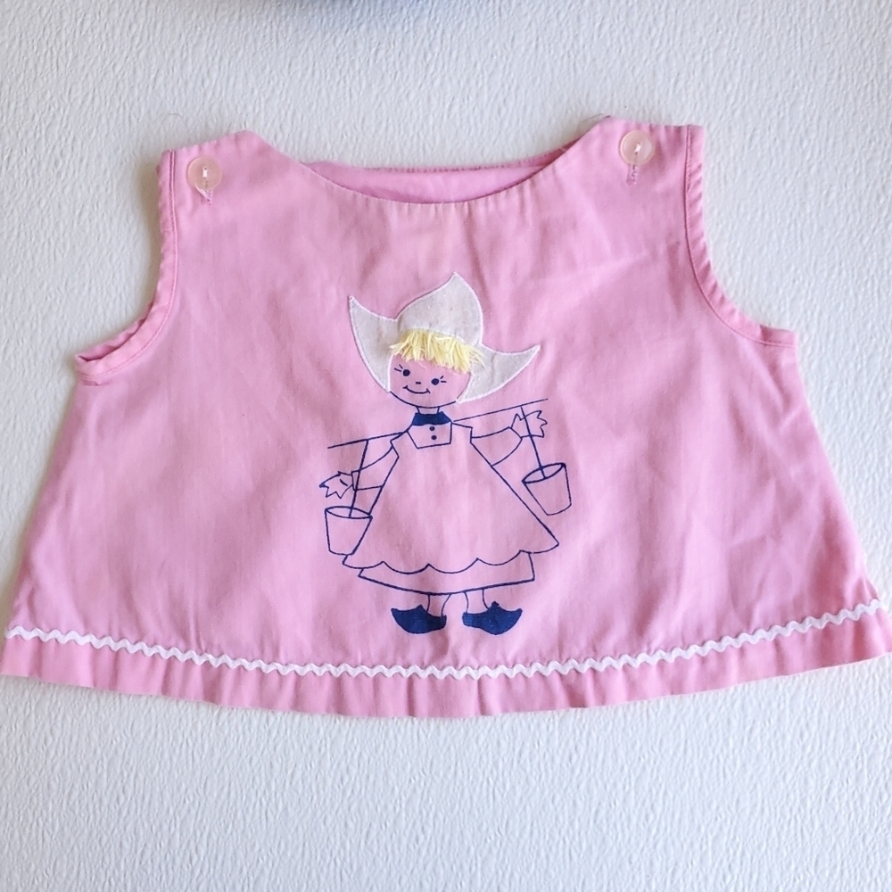 Not For Sale Vintage 2 Piece Top & Bottom Outfit Pink Dutch Girl Baby 12 Months  - Picture 2 of 7